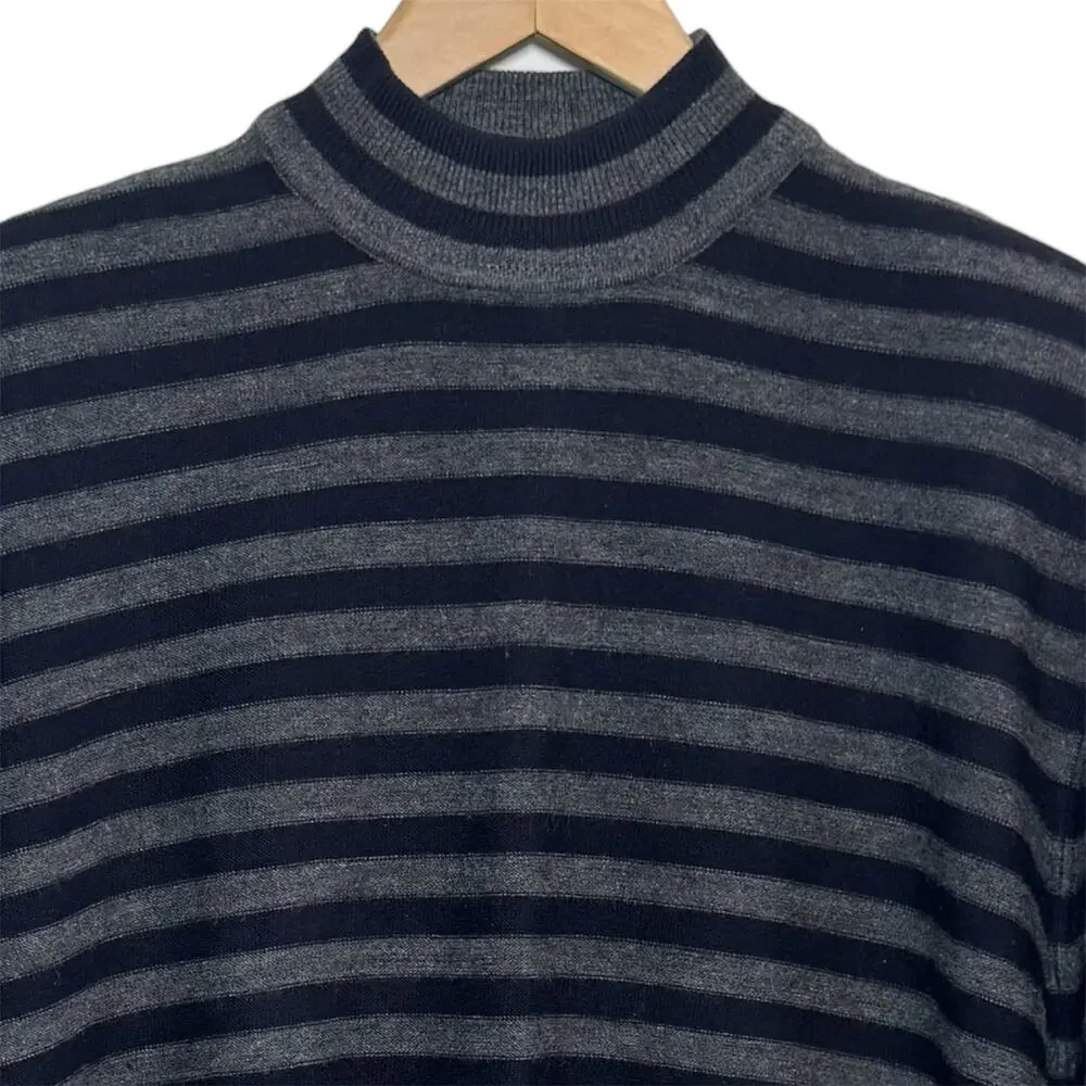 Vtg Lord & Taylor 100% Merino Wool Plus Size 2X Navy Gray Striped Mock Sweater